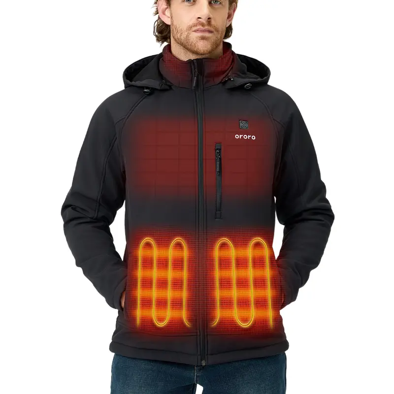 ORORO Men's Fitted 4-Heating-Zones Long Sleeve Zipper Front Polyester Tech Jacket - Hooded, Machine Washable, Battery-Included Sports Outdoor Outerwear with Detachable Hood