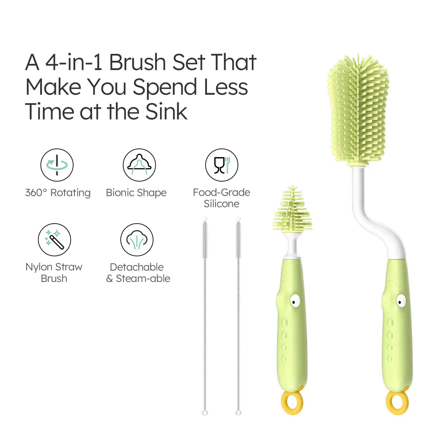 Mamazing Silicone Baby Bottle Brush and Straw Cleaner Brush Set, All-Round Cleaning Long Water Bottle Brushes, Reusable Silicone Cleaning Brush