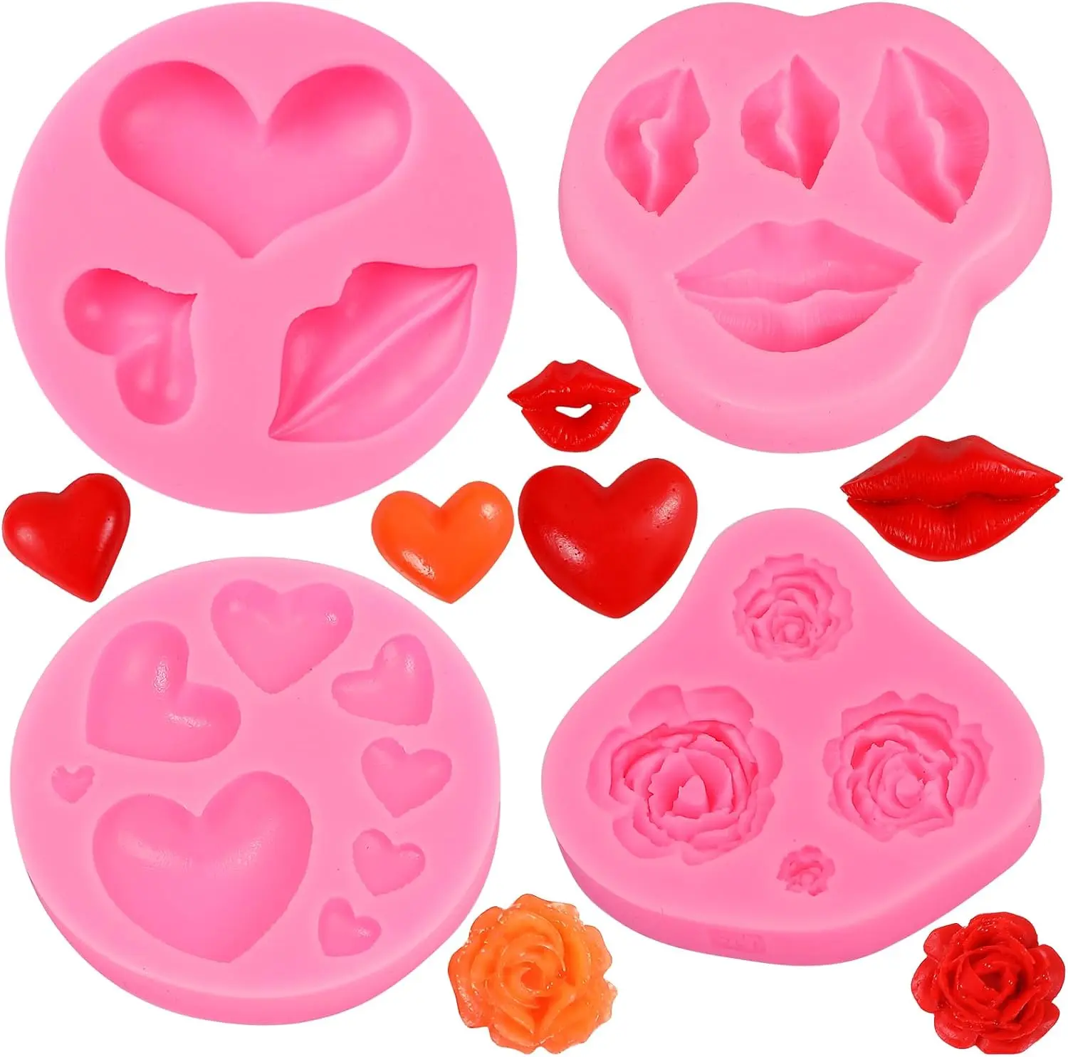 Valentine's Day Cake Fondant Molds Heart Rose Lip Shape Candy Chocolate Silicone Molds Decorating Baking Mold for Valentines Wedding Anniversary Party 4Pcs