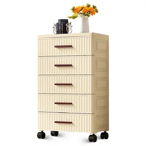 【Christmas Gift】Drawer Storage Cabinet Bedside Table Living Room Snack Children Toys Books Clothes Storage Cabinet Cream Color 48cm Width Primary Color Handle 5 Layers