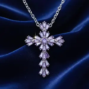 Cubic Synthetic Zircon​ Cross Pendant Necklace for Women | 17.7+5.08 cm Chain | Religious Christian Jewelry, Handmade for Christmas, Baptism, Suitable for Daily and Gift-giving Occasions