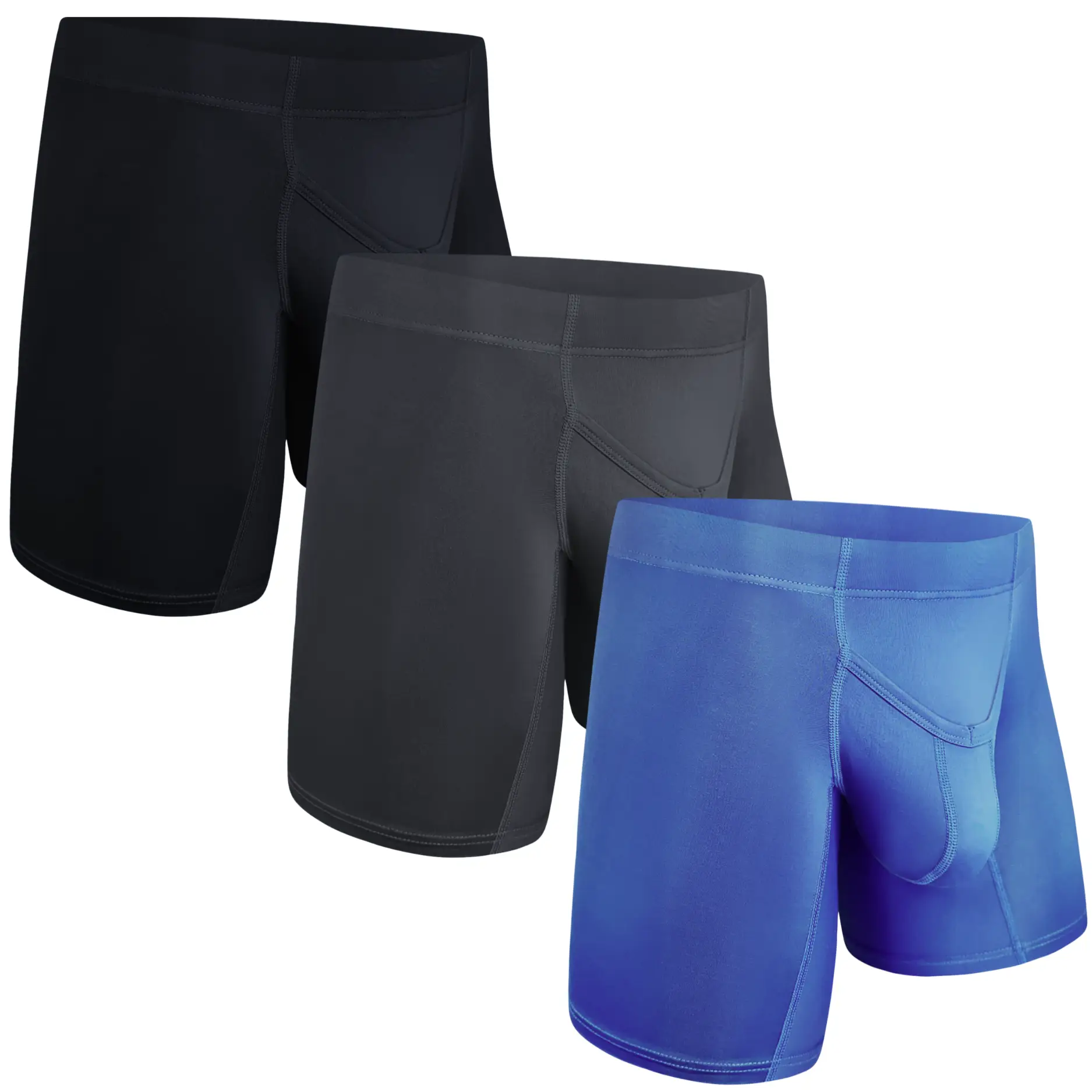 Real Men Nylon V-Fly Pouch Underwear 3 Pack, Black Grey Navy Athletic Compression Fabric Menswear Big Boxers Briefs Day Leaves Pocket Set Smooth Styli