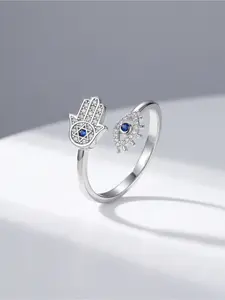 Mystical Silver-Plated Ring, Featuring Hamsa Hand and Evil Eye with Blue and Clear Zircon Accents, Perfect for Daily Wear or as a Symbolic Gift