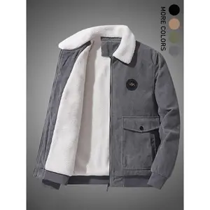 Men's Letter Patched Pocket Zipper Collared Jacket, Regular Fit Casual Long Sleeve Button Thermal Lined Outerwear for Fall & Winter, Men's Clothes for Daily Wear, Workwear Jackets