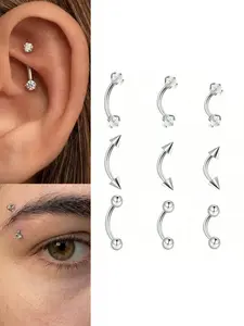 9 PCS Eyebrow Piercing Jewelry, Rook Jewelry Stainless Steel Eyebrow Rings For Women Men Tiny Labret Daith Navel Belly Button Helix Tragus Vertical Labret Lip Jewelry 16G 6mm/8mm/10mm