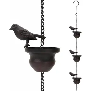 Vintage Bird Shaped Rain Chain Catcher – Decorative Hanging Gutter Chains for Outside Gutters, 8 Feet (About 2.4 Meters) with Attached Hanger, Drain Garden Mobile Birds Steering Wheel, Dark Bronze