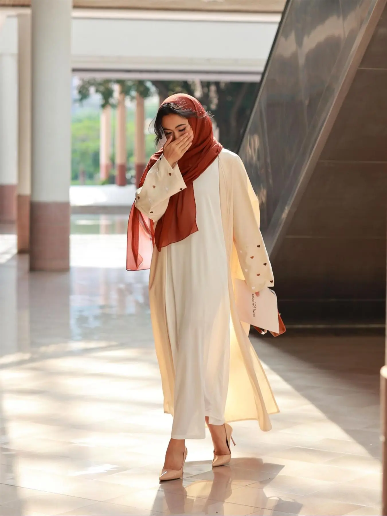 Women's Heart Embroidery Long Sleeve Open Front Abaya without Hijab, Modest Casual Maxi Muslim Dress for Daily Wear, Ladies Islamic Clothing for All S