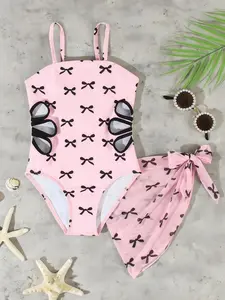 Girls' Bow Print One-Piece Swimsuit with Matching Skirt, Fashion Casual Two-Piece Set, Swimsuit Sets, Bow Swimwear, Summer Vacation