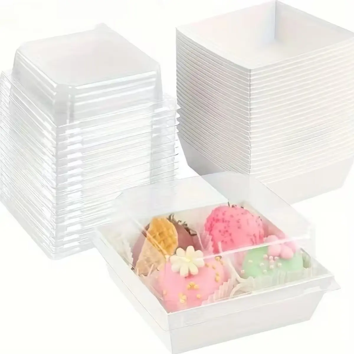 20/60/100pcs Square Cake Boxes with Lids, Durable Plastic and Paper Covers, Ideal for Macarons, Sandwiches, Cookies, Mini Cakes, Strawberries Bakeware, Baking Accessories, Baking Essentials, Home Baking Supplies