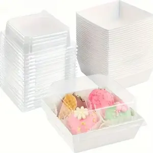 20/60/100pcs Square Cake Boxes with Lids, Durable Plastic and Paper Covers, Ideal for Macarons, Sandwiches, Cookies, Mini Cakes, Strawberries Bakeware