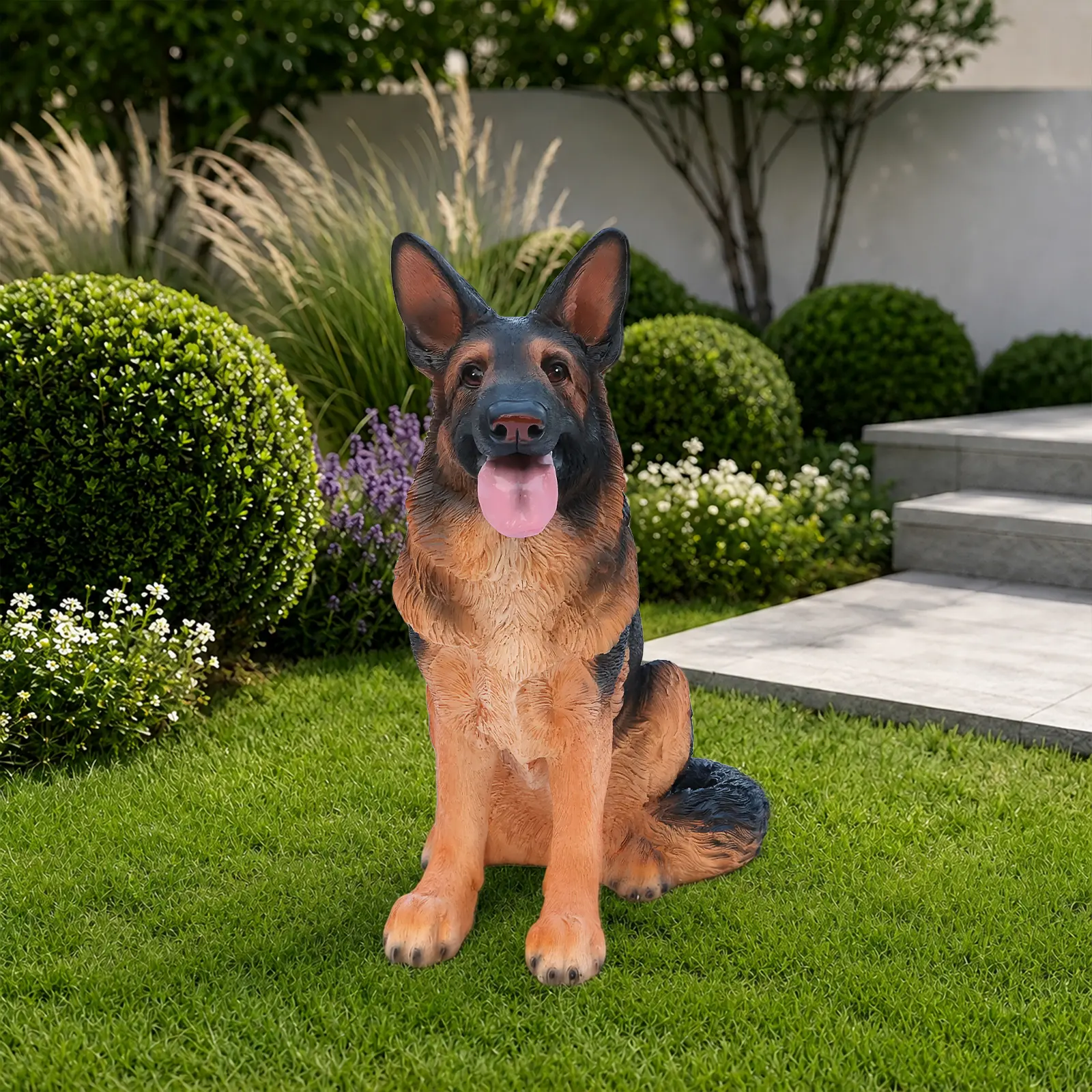 15" L x 17.7" H x 10.3" W Lifelike German Shepherd Dog Statue, Realistic Resin Animal Figurine for Indoor Outdoor Garden Lawn Yard Home Decor, Art Craft Gift, Black+Brown