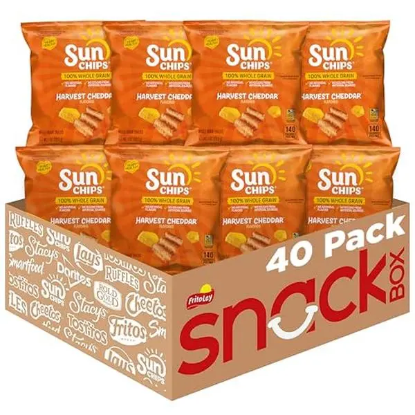 SunChips Whole Grain Chips, Harvest Cheddar, 1 oz Bags, Pack of 40, No Artificial Flavors, No Colors from Artificial Sources