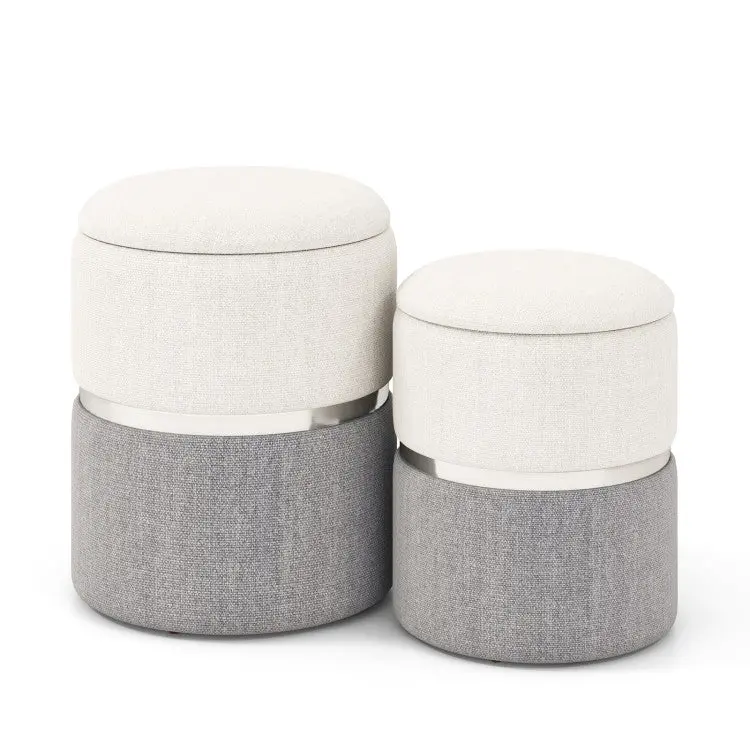 Set of 2 Home Velvet/Linen Fabric Storage Ottomans, Compact Space-Saving Footstools, Multifunctional Hidden Storage Piece, Round Cushion Base Design, Compact Space-Saving Footstools & Ottomans, Multifunctional Hidden Storage Footstools & Ottomans