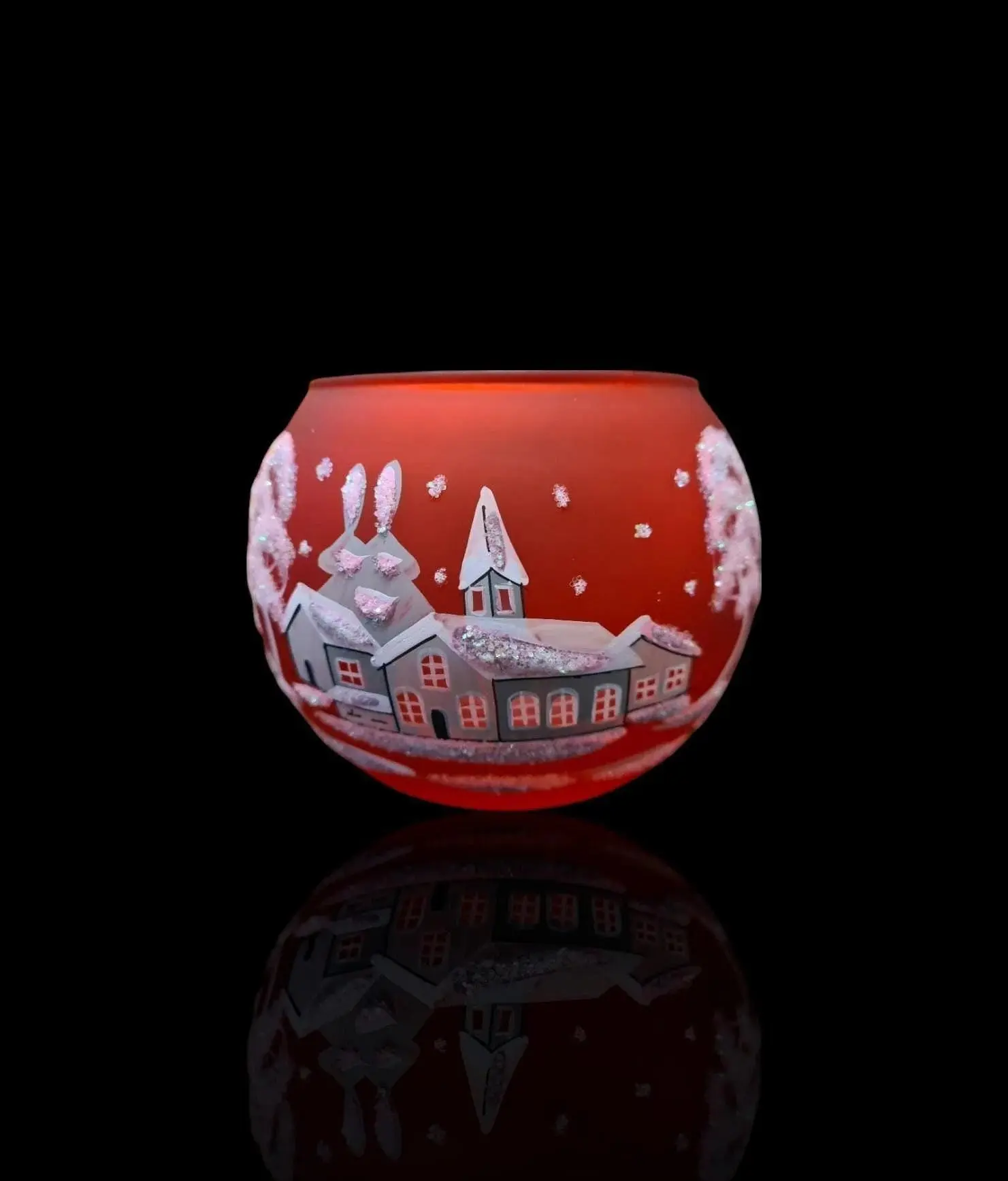 Small Red Glass Candle Holder, Hand Crafted in Ukraine, White Church Winter Wonderland, Wonderful Year Round