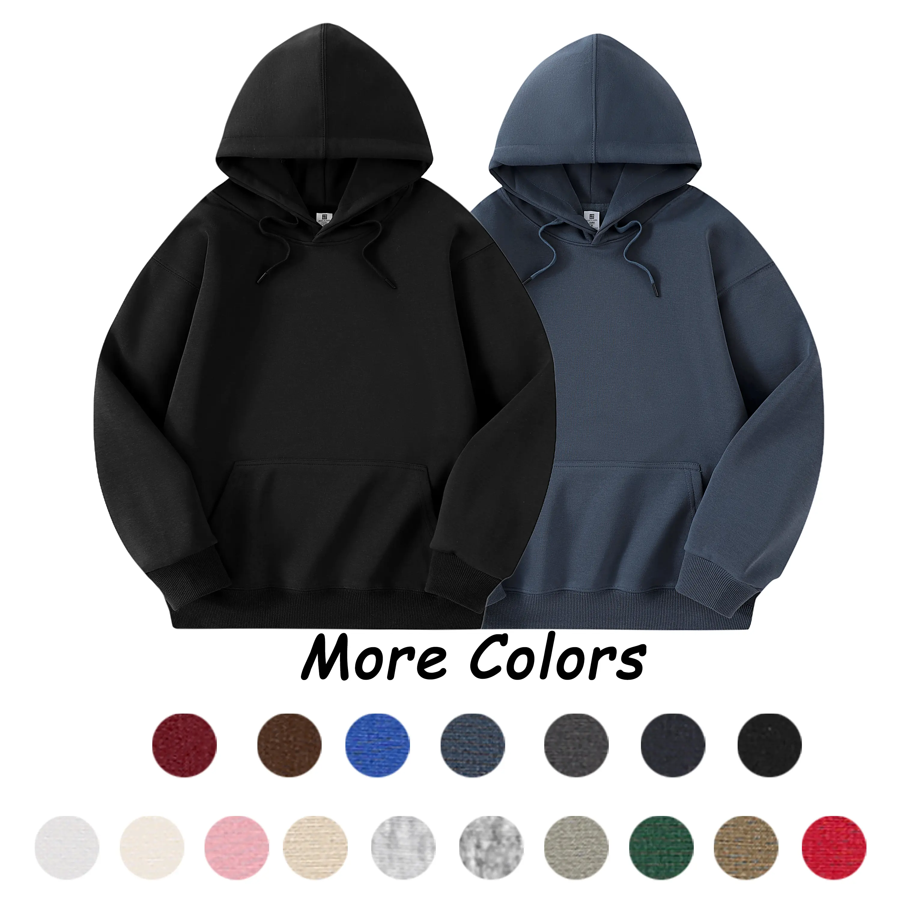 Men’s solid-color loose hooded sweatshirt with drop shoulders and pockets, soft pullover top for everyday street casual wear