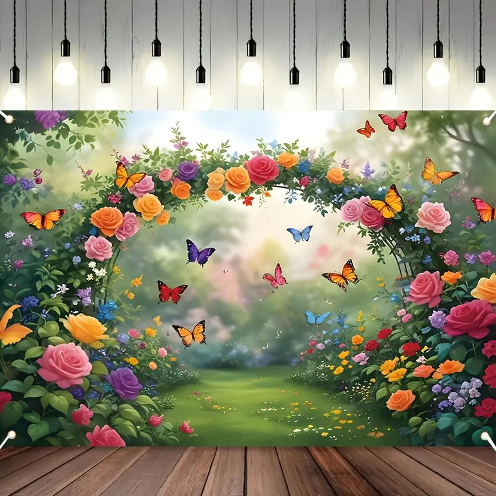 1PC 2D Flat Polyester Reusable Decorative Banner - Dreamy Garden Butterflies & Roses Door Curtain, Kids' Birthday Party Decor, Spring-Summer Courtyard Photo Backdrops