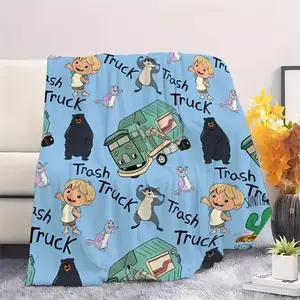Soft Skin-Friendly 'Trash Truck' Flannel Blanket Adorable Animated Polyester  Warm Cozy for Sofas Beds Offices Camping Travel Gifts  All Seasons