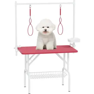 36''Large Dog Grooming Table, Foldable Pet Station at Home, Dog Grooming Table,Adjustable Cat Drying Desktop with Arms, Nooses, Mesh Tray (36Inch Pet Grooming Table Pink)   WL