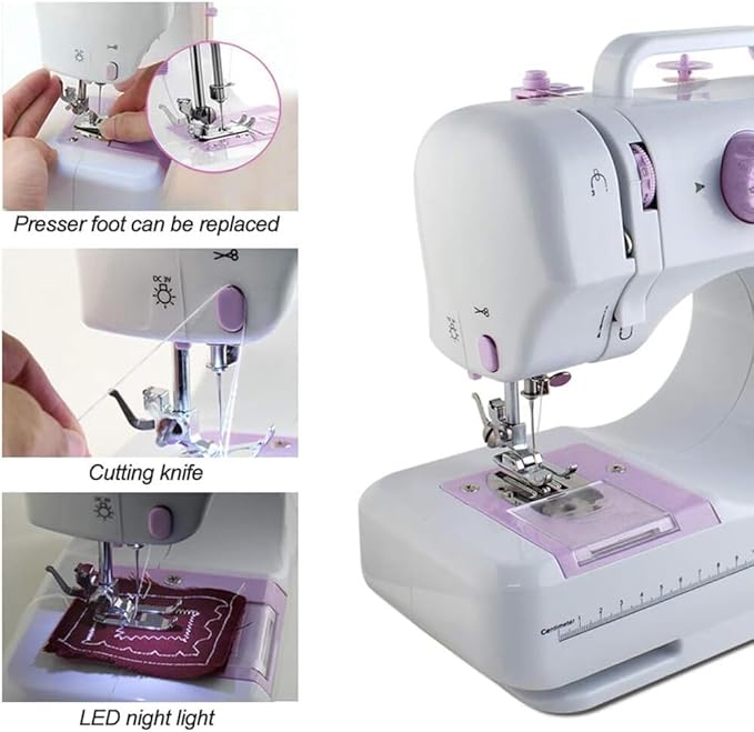 Mini Sewing Machine, Portable Electric Sewing Machine for Beginners with 12 Built-In Stitches, Dual Speed & Lightweight for Crafting Mending, Work Light, Quick Repair on Fabrics, Household Use