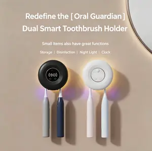 UVC Toothbrush Sanitizer and Dryer, Wall Mounted Smart Holder with Night Light, Digital Clock, Sterilization & Hot Air Drying, No-Drill Installation, Bathroom Organizer for Couples Sterilizing Mount