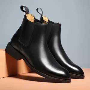 Men’s Genuine Cowhide Leather Chelsea Boots, Slip-On, Waterproof, Pointed Toe, High-Top Leather Shoes for Boys