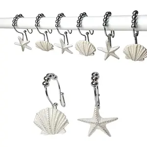 12pcs 33 LB Bearing Starfish & Seashell Stainless Steel Rust Resistant Double Hooks Glide Shower Curtain Ring Hangs Holder for Bathroom Home Decor Iron Set