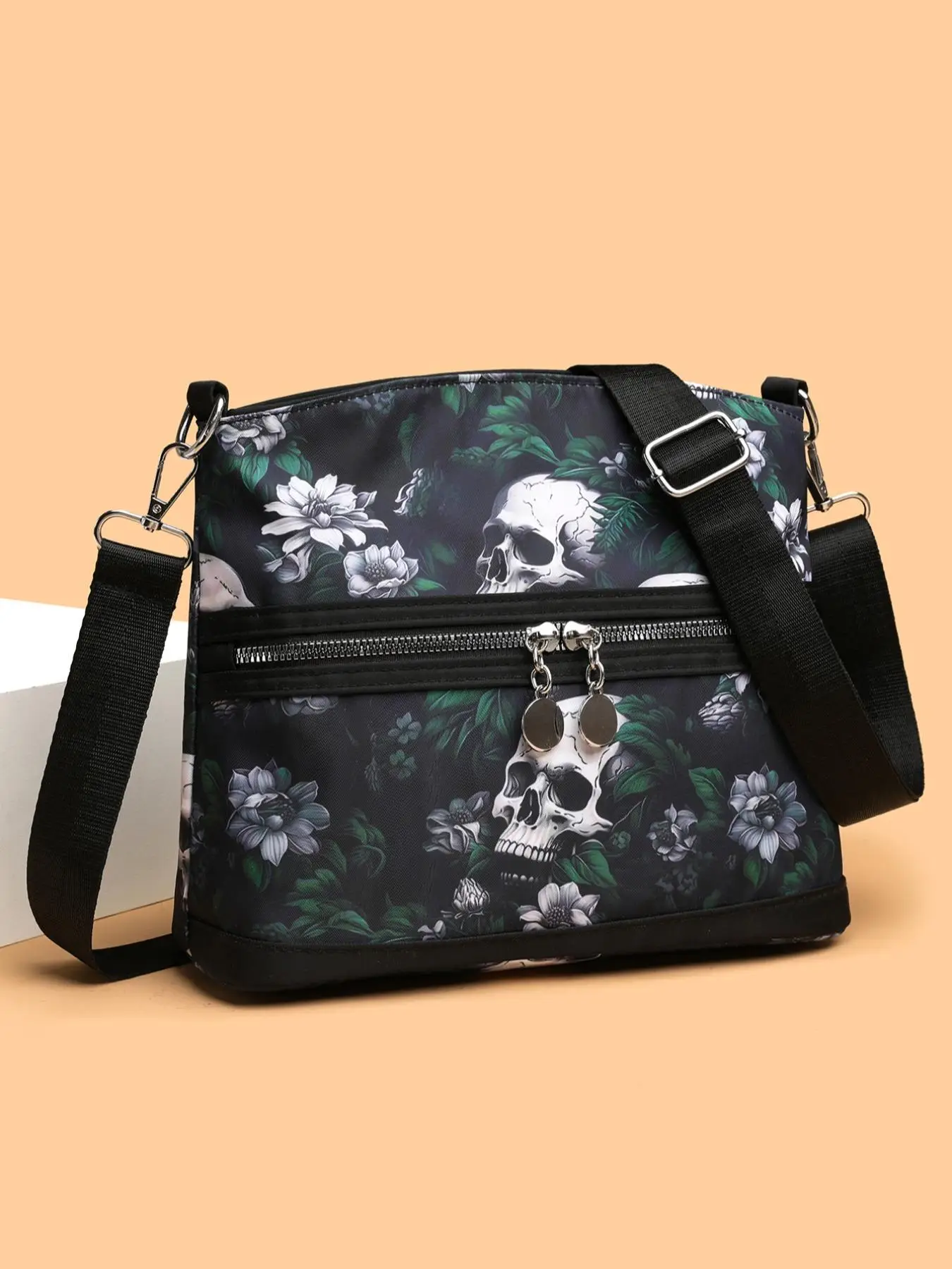 Fashionable Skull & Floral Pattern Zipper Crossbody Bag, Casual Versatile Shoulder Bag for Women, All-match Commuter Purse for Daily Used, Halloween
