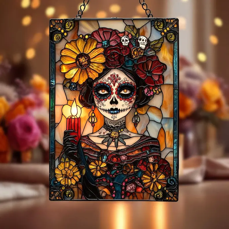 Day of the Dead Acrylic Suncatcher, Water Ripple Effect Holiday Window Hanging Mom Gift Halloween Decor