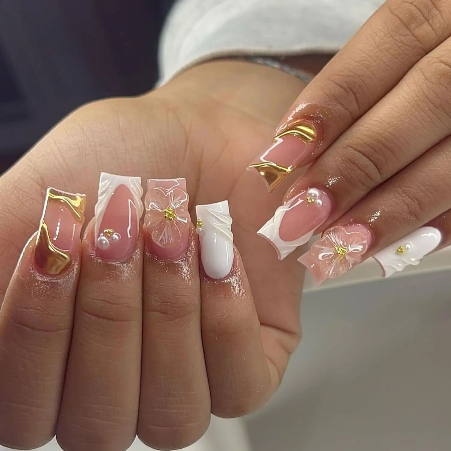 3D Pink Floral Press-On Nails, Glossy Medium Square French Tip with Gold & Pearls, Reusable Multi Colored Full Cover Fake Nails Kit with Glue, Multi Colored Nails