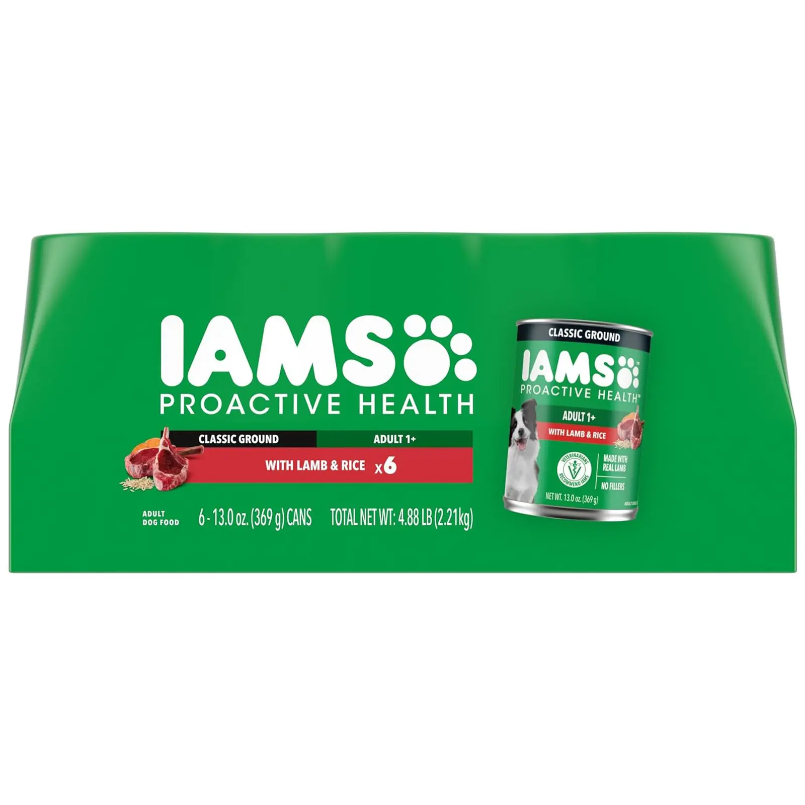 IAMS Proactive Health Ground Wet Dog Food, Lamb & Rice, 13 oz, 6-Pack Real lamb, supports whole-body health, Omega-6 for skin & coat, no fillers or artificial flavors, 100% complete & balanced