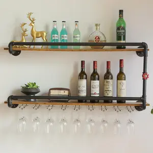 41-inch 2-tier wall-mounted wine rack, hanging floating bar liquor shelves with glass holder, industrial rustic pipe farmhouse kitchen decor, black