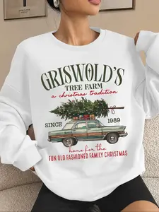 Women's Letter & Car & Tree Print Crew Neck Sweatshirt, Casual Drop Shoulder Long Sleeve Pullover, Women's Fall & Winter Clothes for Daily Wear