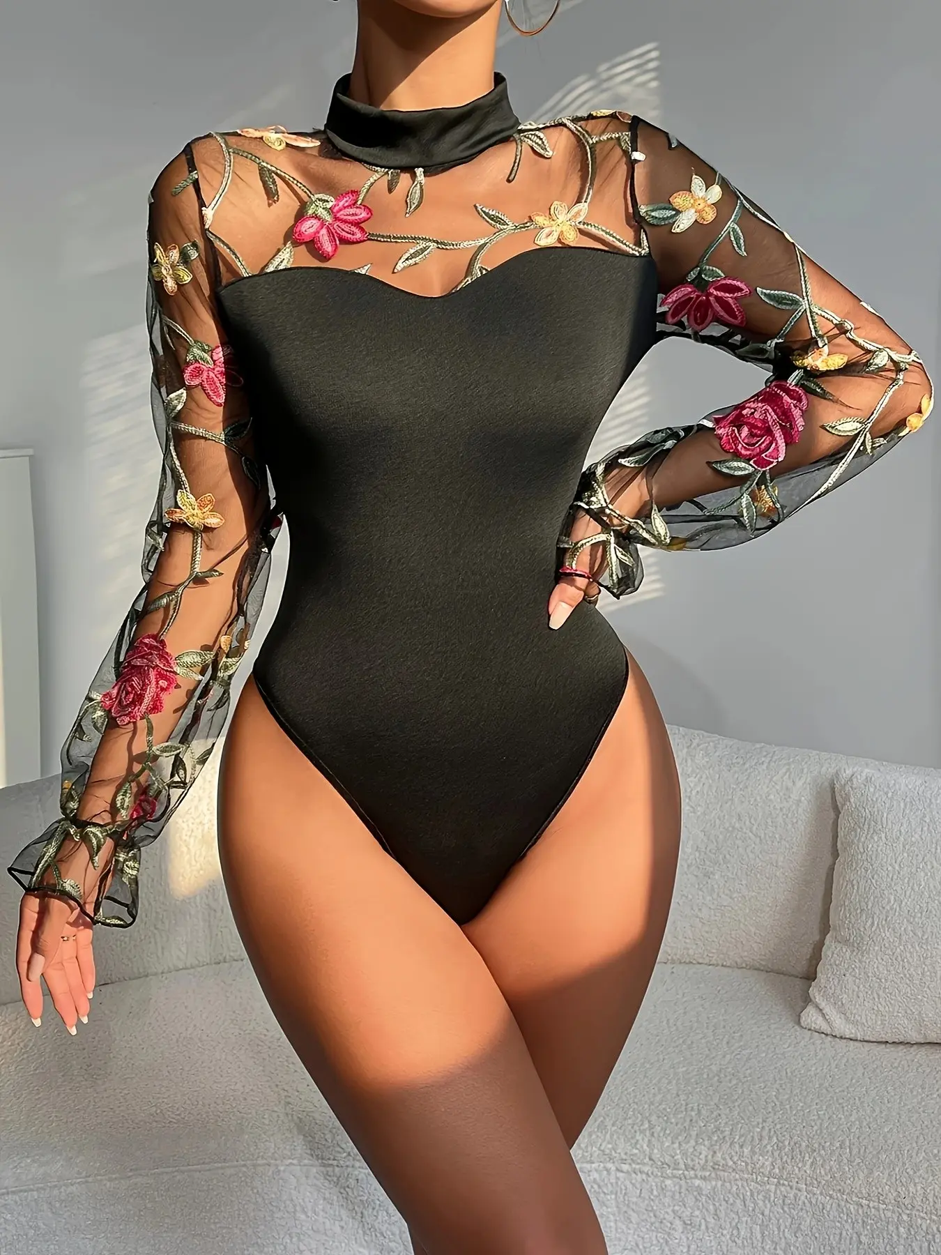 Sexy Floral Embroidered Mesh Long Sleeve Fitted Bodycon Bodysuit, Stand Collar Slim Fit Chic Elegant One-Piece, Party Nightclub Clubwear, Y2K Street Fashion, Womenswear