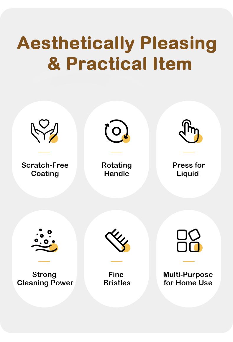 6-in-1 Dish Brush with Detergent Dispenser 360° Rotating Scrubber for Pots Pans Dishes & Utensils Adjustable Angles Non-Slip Grip Handle Durable PET Bristles Ergonomic Design Anti-Slip Grip Integrated Soap Dispenser