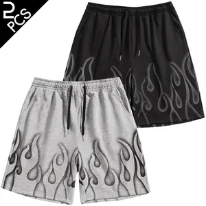 2-Pack Men's Flame Graphic Shorts, Streetwear Y2K Hip Hop Sweat Shorts with Drawstring Elastic Waist