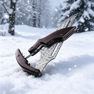 Damascus Steel Folding Kitchen Knife, Ergonomic Wood Handle, Sharp Cooking Tool for Home & Outdoor Use