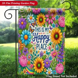 Garden Flag Happy Place Is Here Vibrant Linen Garden Flag, Double-Sided Print, Holiday Yard Banner, Small Yard Gift, Yard Decor, Garden Decor, 12x18Inch, No Flagpole Included