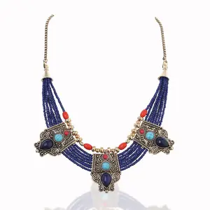 Bead Multilayered Necklace Blue African Statement Chunky Collar Ethnic Multi Strand Tribal Jewelry Accessories for Women and Girls