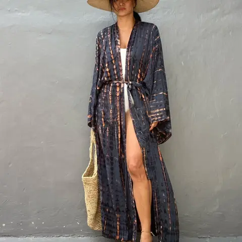 Women's Bohemian Beach Robe Cover-Up, Swimsuit Cover Up, 100% Viscose, Dye Pattern Design, Three-Quarter Sleeves, Asymmetrical Style, Beach Swimsuit Coverup, Beachwear Cover Up, Swimwear Cover Up, Swimsuits Cover Ups, Swimwear Coverups
