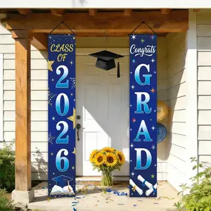 2D Flat Banner Set, Graduation Party Decoration, Blue Background, Star, Bachelor Cap, Diploma, Book Design, Polyester, Indoor Outdoor Use, Grad Party Decorations