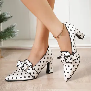 Women's Polka Dot Satin High Heeled Shoes with Bow Decoration Pointed Toe Square Heel Chunky Heel Slip On Comfortable for Party & Work