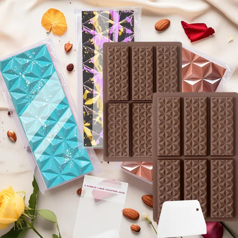 2pcs Diamond Pattern Silicone Chocolate Bar Molds, 6-Cavity, BPA-Free with Scraper & 100 Packaging Bags - Easy DIY Baking Tool for Thick Chocolate Bars, Ideal for Work Lunches & School Snacks, Chocolate Molds Plastic Tin