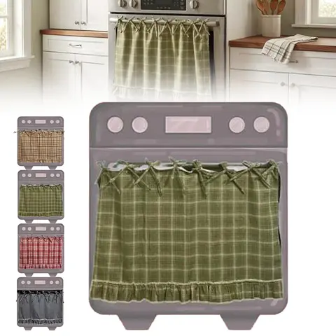 Handmade Farmhouse Striped Oven Skirt Curtain - Decorative Rustic Nylon Kitchen Appliance Cover, Heat Resistant, Adjustable, Gathered Ribbon Top, Portable, Foldable, Easy to Install, Machine Washable, Elevates Kitchen Style, Fits Most Ovens, Hides Clutter