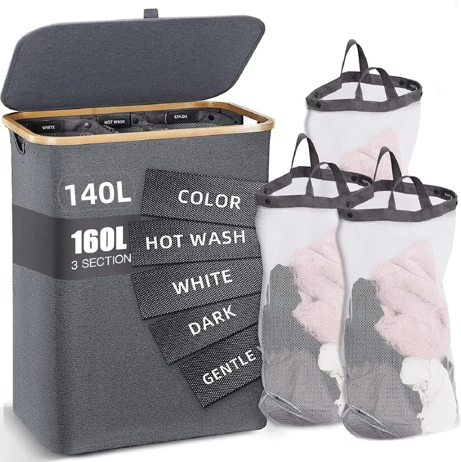 160L Extra Large Laundry Hampers with Lid, 3-Section Home Dirty Clothes Organizer with Sturdy Handle