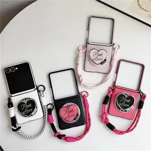 Fashion Leather Magnetic Phone Case For Samsung Galaxy Z Flip 7 6 5 4 Cover with Magsafe Love Stand Hand Rope Cases Flip6 Flip7