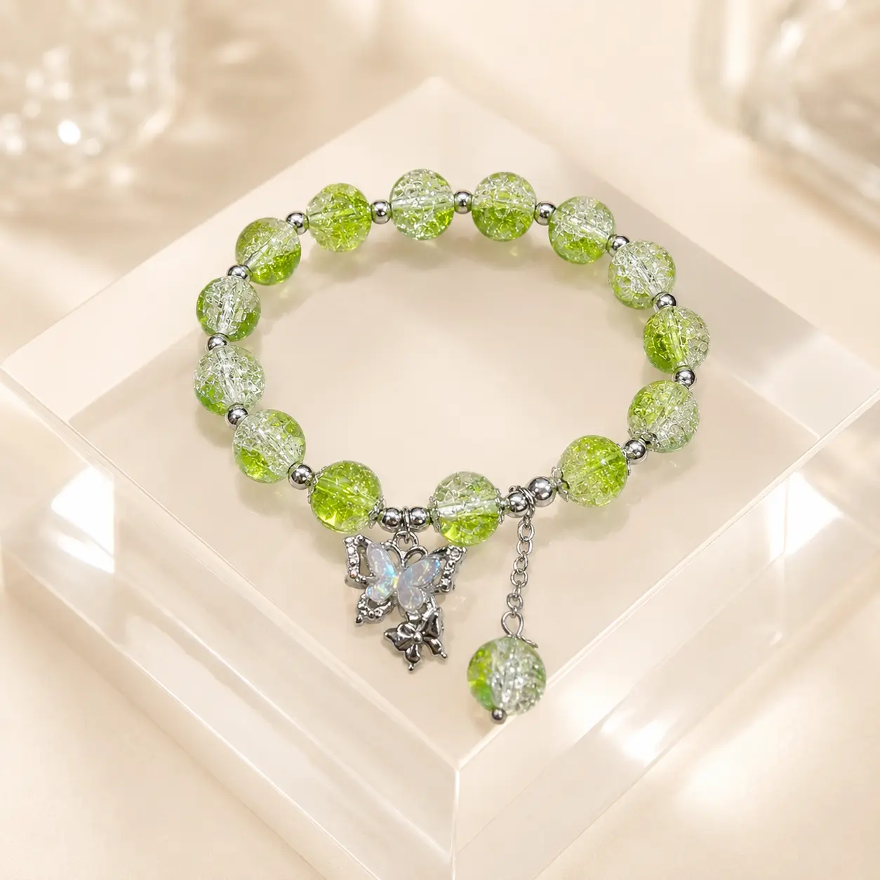 Green Crackle-Effect Beaded Butterfly Charm Bracelet, Silver-Tone Stretch Bracelet with Iridescent Butterfly and Dangle Bead, Cute Jewelry Gift for Women and Teens