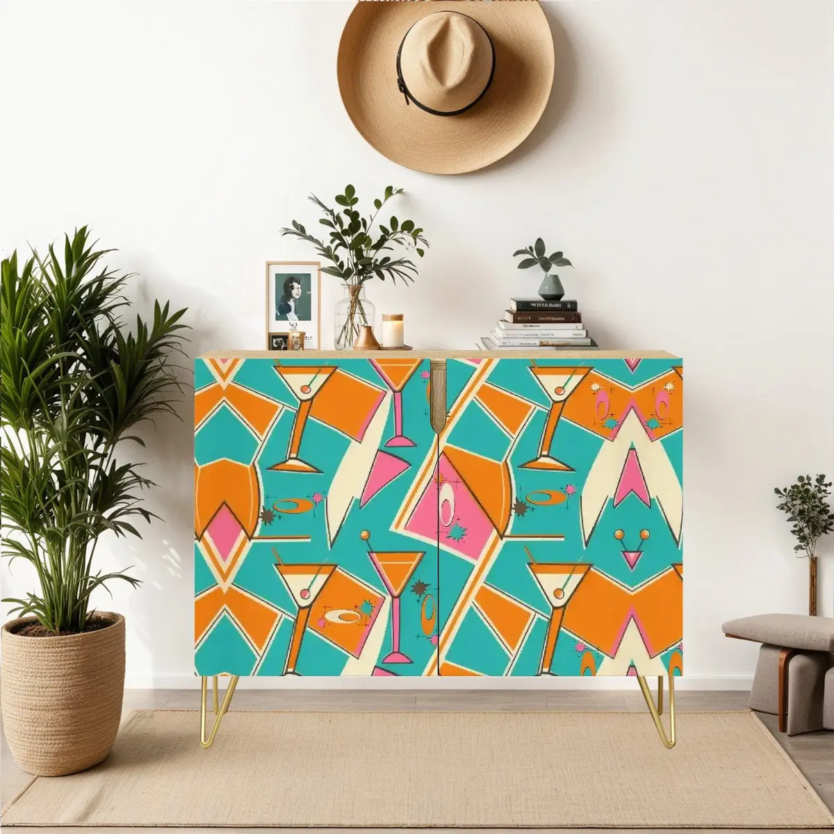 Mid Century Modern Barware Cabinet, Kitschy Mod Orange, Teal, Hot Pink Sideboard Credenza