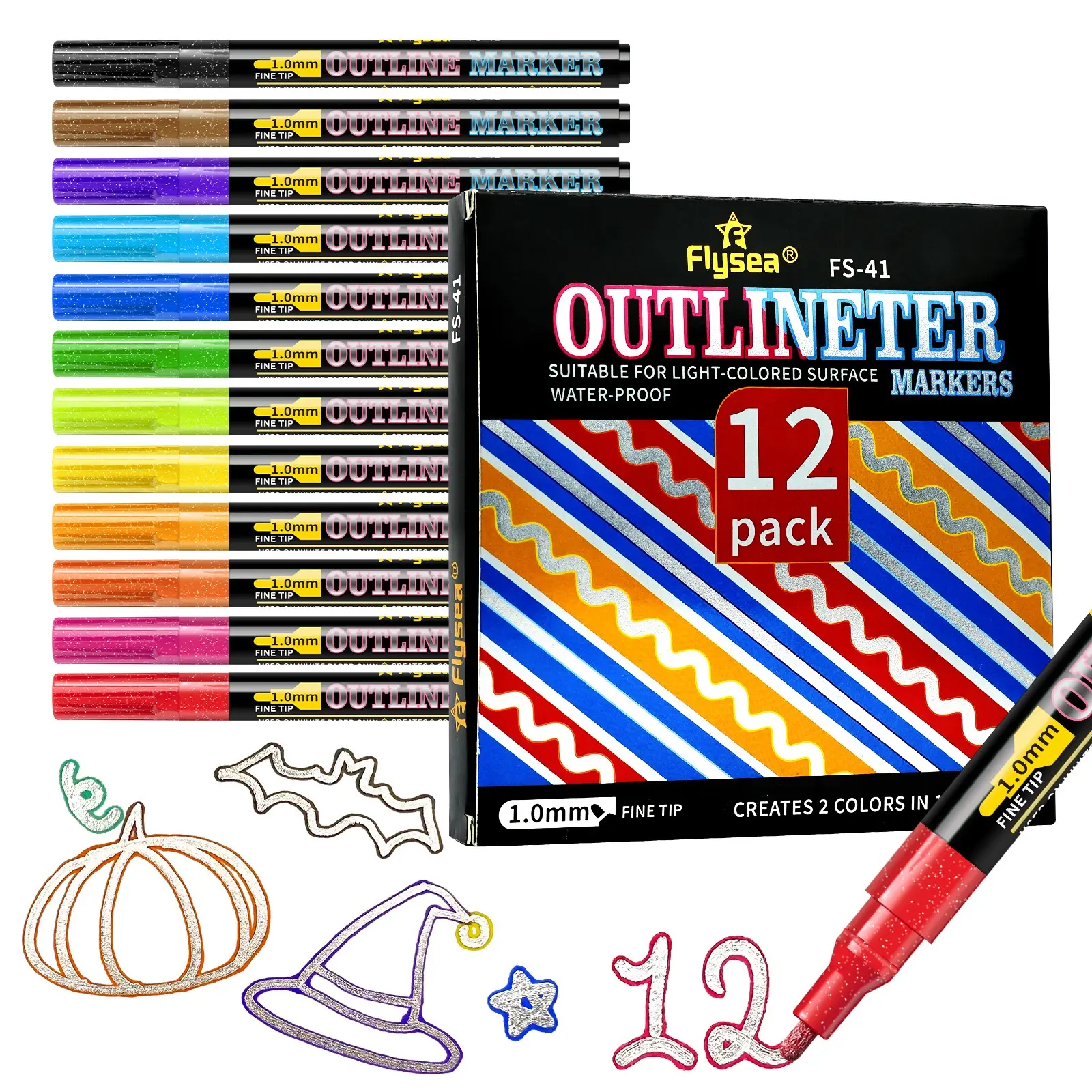 12 Color Dreamy Dual Line Contour Pens, DIY Fluorescent Pen Set, Student Drawing Dual Color Markers, Christmas Card Glitter Pens
