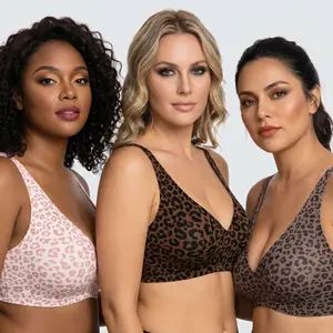 CL91 Wide-strap seamless wireless bra. No-show smoothing under t-shirts. Best wireless bra for large busts. Comfortable, supportive & flattering leopard print.