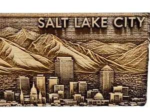 SLCreations 3D Relief Laser Engraved Salt Lake City Skyline Fridge Magnet Solid Maple Wood Deep Carved Texture Strong Ceramic Magnet Locally Made in Utah